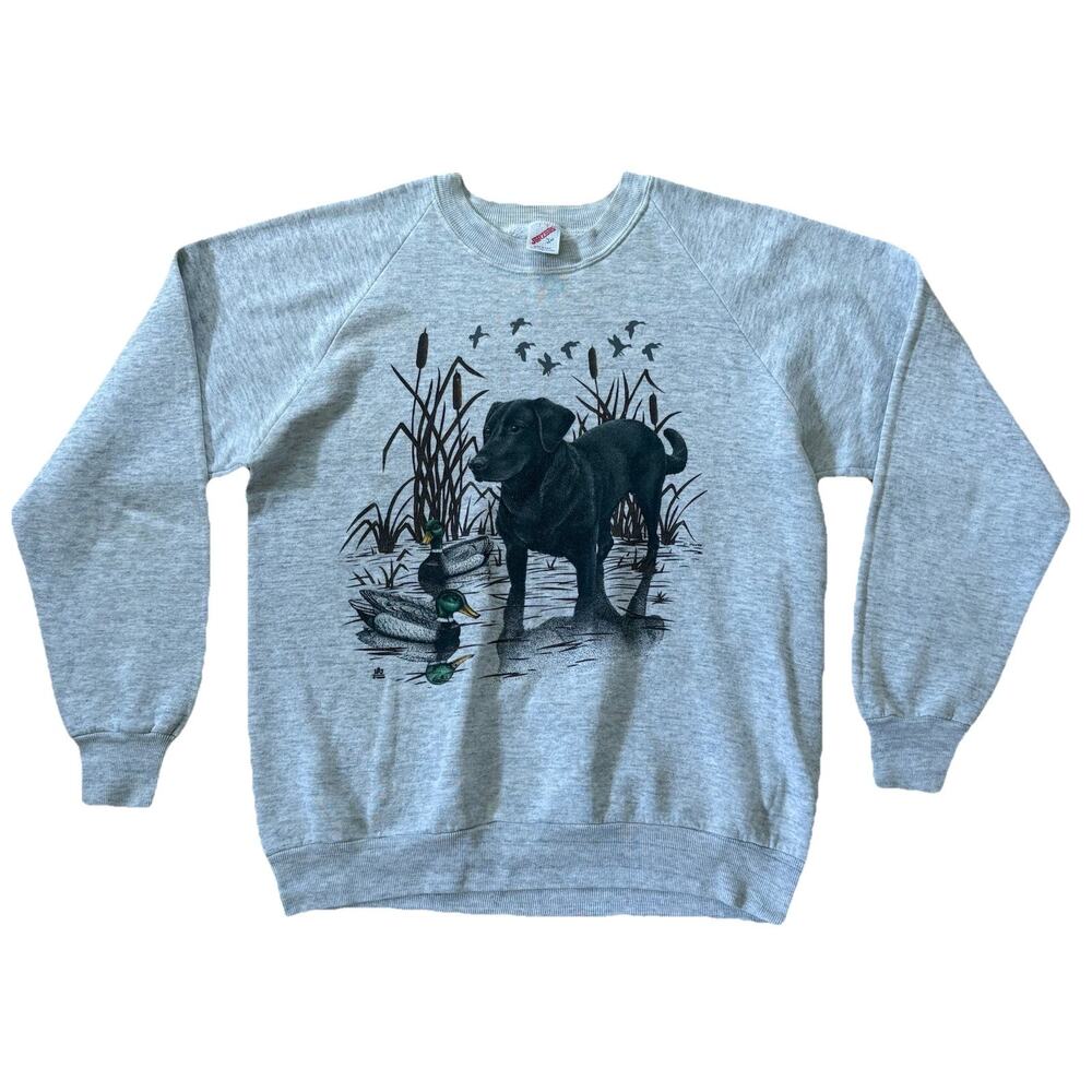 Vintage Jerzees Duck Hunting Black Labrador Dog Sweatshirt Nature 80s Gray Large